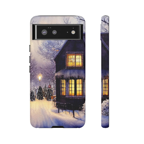 Glowing Homes in the Snow with Christmas Decorations - Impact Resistant Phone Case Google Pixel 6 Matte